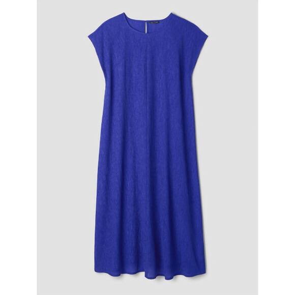 NEW EILEEN FISHER woven pliss round neck dress in royal